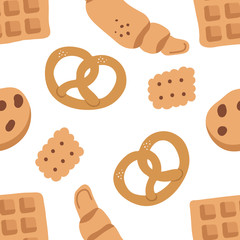 Fresh bakery seamless pattern. Pretzel, croissant, waffles and cookies, Delicious pastries. Fresh bakery products.