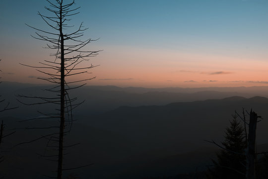 Foggy Night View On Beautiful Sunset In Great Smoky Mountains 