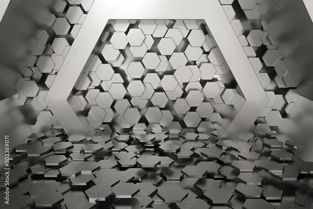 Poster hexagonal tunnel space with hexagon cubes, 3d rendering.