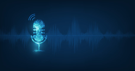 Fototapeta na wymiar vector abstract icon microphone on digital sound wave on dark blue color background.voice recognition concept