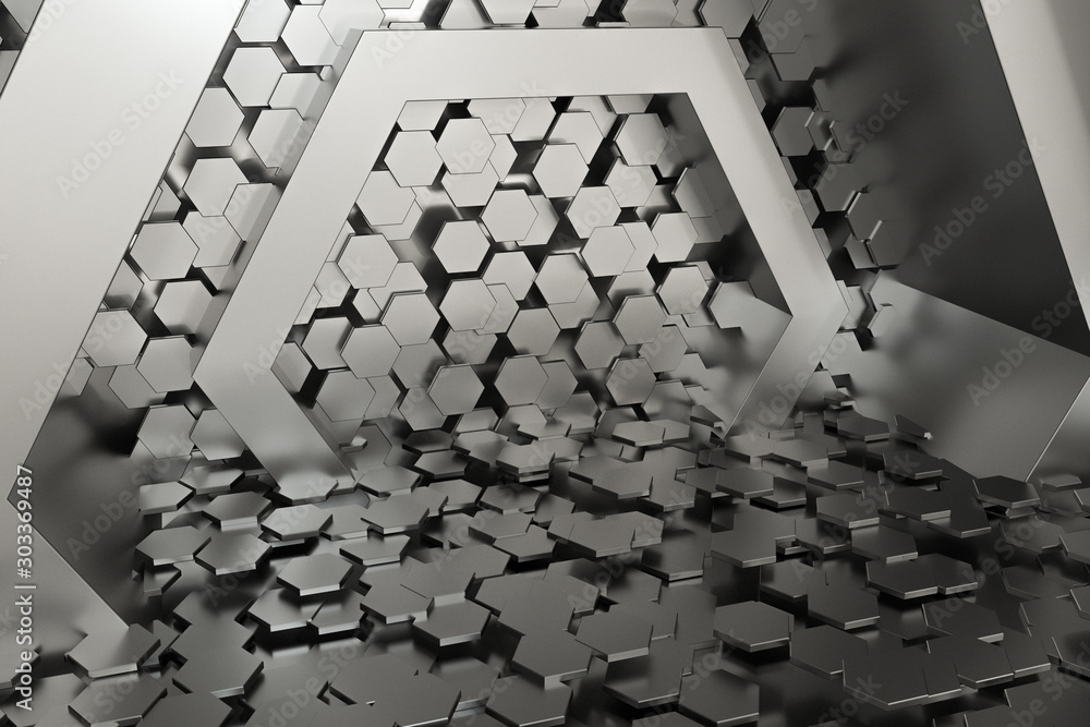 Poster hexagonal tunnel space with hexagon cubes, 3d rendering.