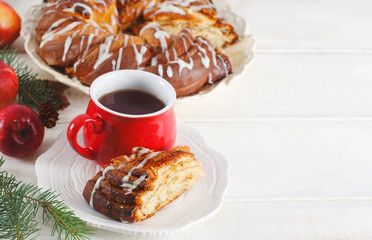 Cinnamon Sweet Brioche on wooden table, copy space