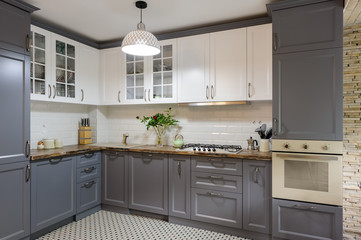 modern grey and white wooden kitchen interior
