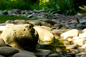 Stones close-up in the water. Splashes of water on a background of stones.