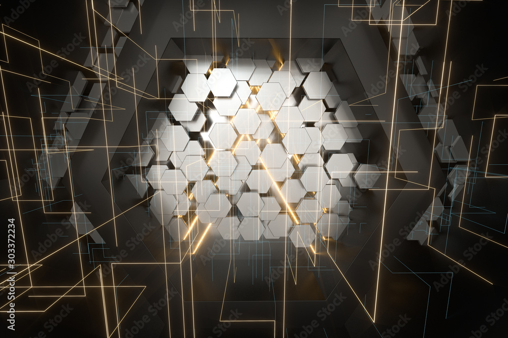 Poster hexagonal tunnel space with hexagon cubes, 3d rendering.
