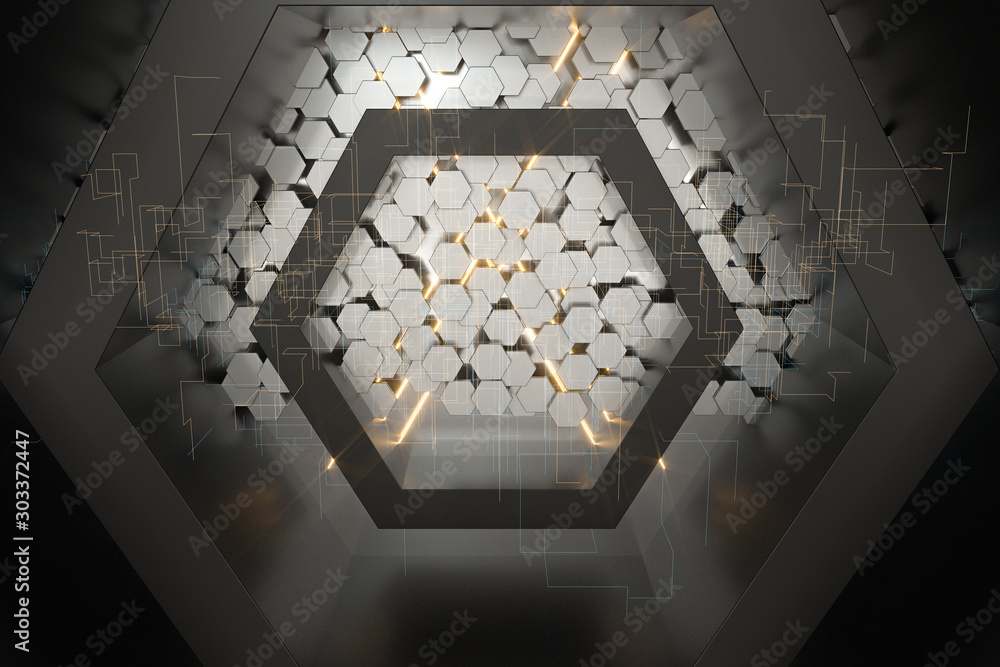 Poster hexagonal tunnel space with hexagon cubes, 3d rendering.