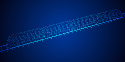 Modern high speed train on straight rails. Railway wireframe low poly mesh vector illustration