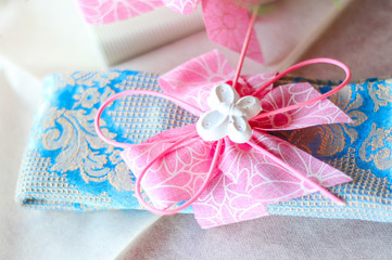 festive table decoration with flowers and butterflies