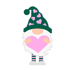 Gnome with a heart in his hands. Pink hearts clip art. Valentines day decor. Isolated on transparent background.