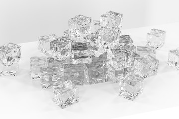 Fototapeta premium Ice cubes stacked each other with white background, 3d rendering.