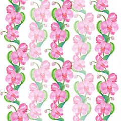 Orchids. Branch with flowers, buds and leaves on a dark background. Seamless background. Collage of flowers and leaves. Use printed materials, signs, objects, sites, maps.