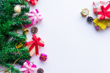  Flat lay of Christmas composition for background on white background. Christmas, winter, new year concept. copy space and soft focus.