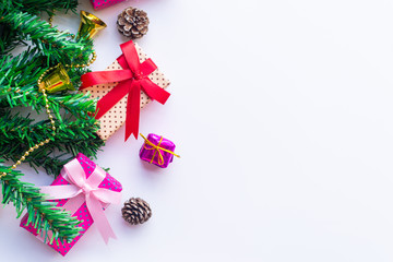  Flat lay of Christmas composition for background on white background. Christmas, winter, new year concept. copy space and soft focus.