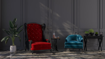 Modern interior design of a living room in an apartment, house, office, comfortable sofa, bright modern interior details and light from the window on the background of the Disiner wall.