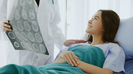 Asian woman lying in patient's bed Wearing blue patient gown See brain X-ray film In which expert...