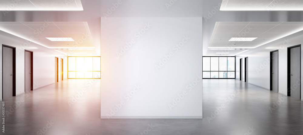 Aufkleber Blank squared wall in office mockup with large windows and sun passing through 3D rendering