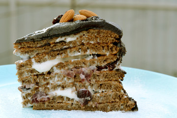 Delicious homemade sponge cake with sour cream with cranberries, decorated with chocolate icing and nuts