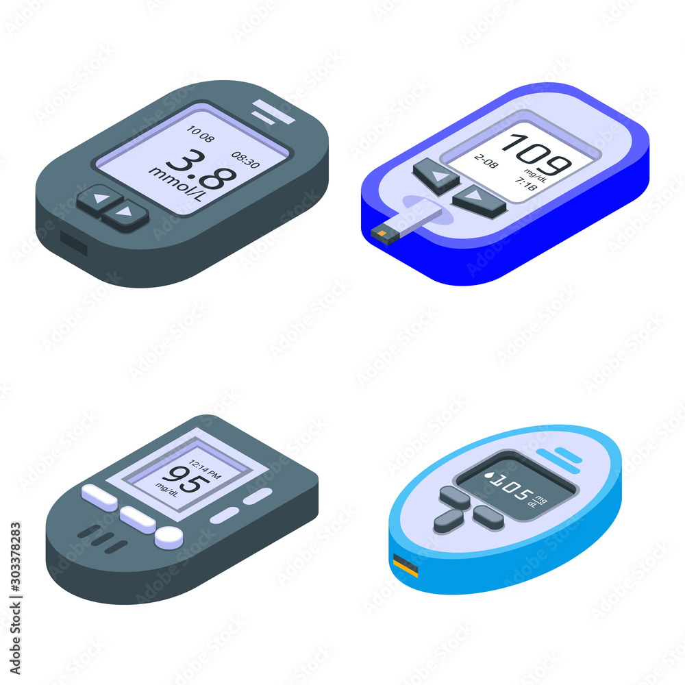 Poster glucose meter icons set. isometric set of glucose meter vector icons for web design isolated on whit