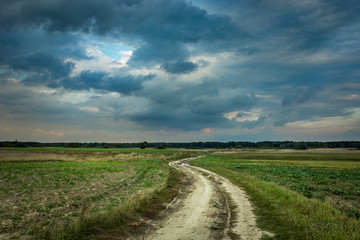 Country road through fields, horizon and dark clouds on sky