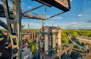 Abandoned Industrial factory in Duisburg, Germany. Public park Landschaftspark, landmark and tourist attraction.