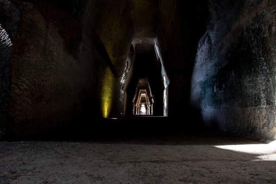 Bacoli, Naples. 20 September 2019. The entrance to the famous cave of the Cumaean Sibyl, the priestess of the oracle of Apollo.