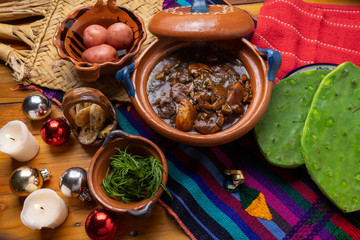 Fototapeta na wymiar Mexican rosemary with mole sauce and dried shrimps also called 