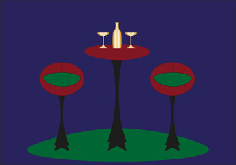 Interior de una discoteca con mesa, sillas y botellas.