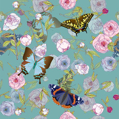 Fototapety  Butterfly and leaves, stems and inflorescences of peonies and roses vector illustration. Picture with pink, blue and white flowers on aquamarine background. Endless pattern. EPS10