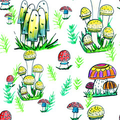Children's drawing style, pattern mushrooms of different shapes, edible mushrooms, toadstools. Multi-colored set of mushrooms, mushroom glade, red mushroom, yellow mushroom. Wallpaper, children's room