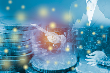 Double exposure business network connection on financial capital city background. Element of this image furnished by NASA
