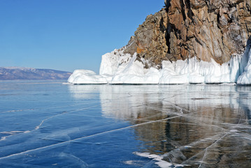 The coast of Olkhon Island on Lake Baikal in winter, Siberia, Russia