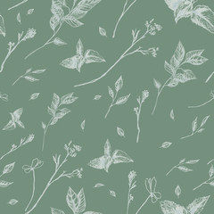 A seamless background pattern with hand drawn pencil leaves and flowers