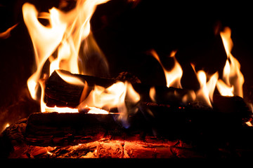 Flames, fire in the fireplace.