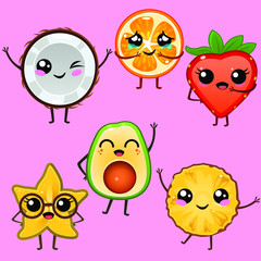 Funny cartoon fruits icons set on pink background