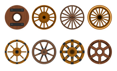 Wooden wheel vector cartoon set icon.Vector illustration cart of wheel. Isolated cartoon icon cartwheel for wagon on white background . - obrazy, fototapety, plakaty