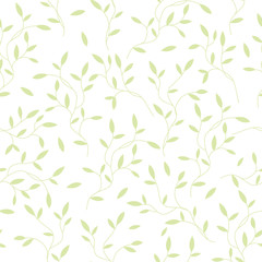 Decorative seamless pattern with green sprouts with leaves on white background. Ideall for fabric, wallpaper, wrapping paper, pattern fills, textile, web page textures. Vector Eps 10