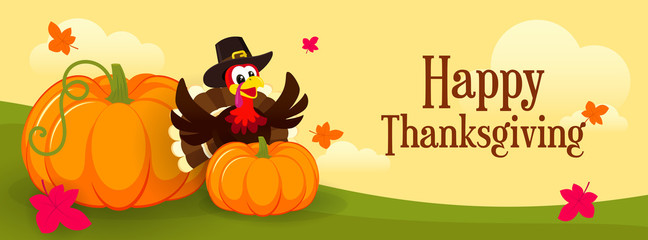 Happy Thanksgiving Banner Vector illustration. Turkey bird with pumpkins on autumn landscape background.