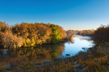autumn landscape by the river in the morning