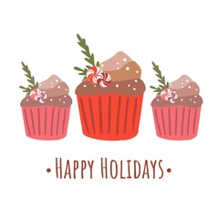 Cupcakes isolated on white background. Yummy dessert decorated with candy. Hand drawn Christmas vector illustration for cards, banners, web, menu