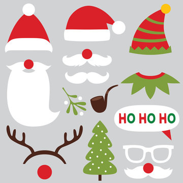 Christmas photo booth and scrapbooking vector set - Santa, deer, elf
