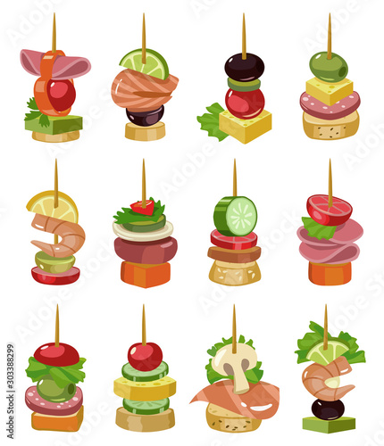 Canape Of Appetizer Cartoon Vector Illustration On White Background Canape  For Buffet Set Icon Vector Illustration Cold Food Set Icon Cold Appetizer  Background Wall Mural | Backgrou-Svitlana