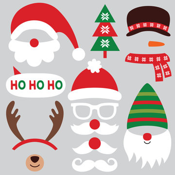 Christmas party props, vector set - Santa hats and mustache , deer horns, gnome and snowman