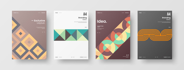 Fototapeta premium Business presentation vector A4 vertical orientation front page mock up set. Corporate report cover abstract geometric illustration design layout bundle. Company identity brochure template collection.
