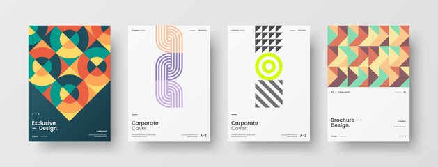 Business presentation vector A4 vertical orientation front page mock up set. Corporate report cover abstract geometric illustration design layout bundle. Company identity brochure template collection. © kitka