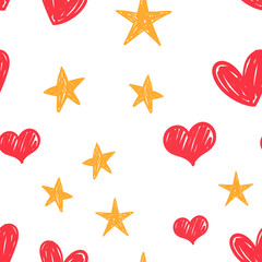 Heart and star doodles seamless pattern. Love and sky texture background.