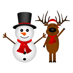 Cartoon funny reindeer and snowman waving hands isolated on white