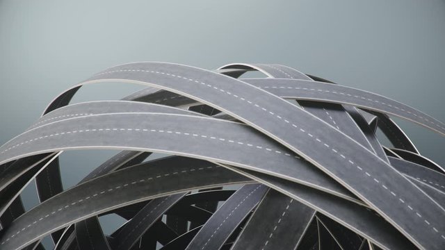 Tangled roads and highways in a chaotic. Animation with alpha channel.The concept of an intricate road that has no end and no beginning. Labyrinth of roads, traffic congestion. Loop 4K 3d Animation