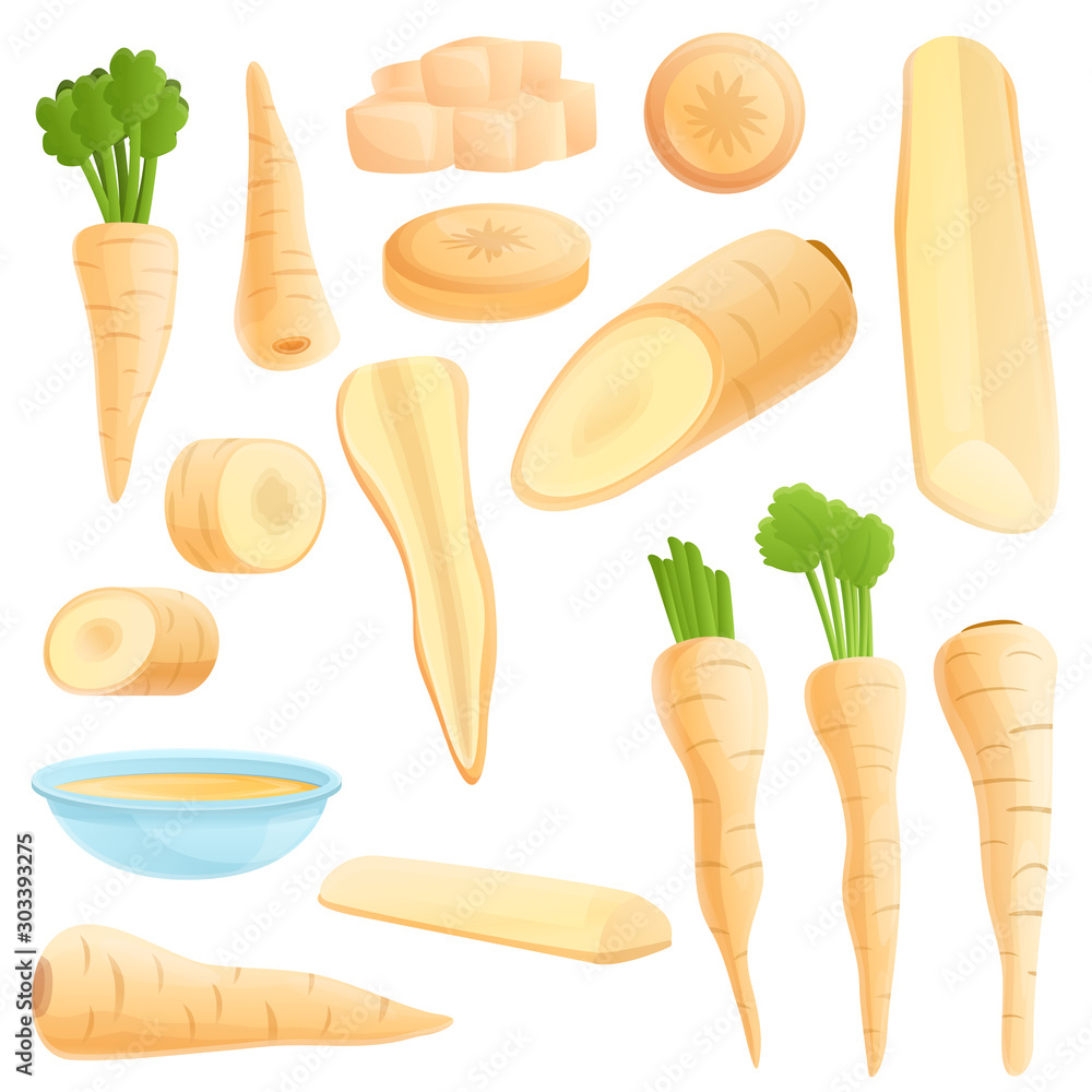 Poster parsnip icons set. cartoon set of parsnip vector icons for web design