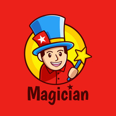 cartoon Magician holding magic star wand logo design 
