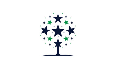 Abstract tree made of blue and green stars which connect to tree trunk and roots that meet the soil